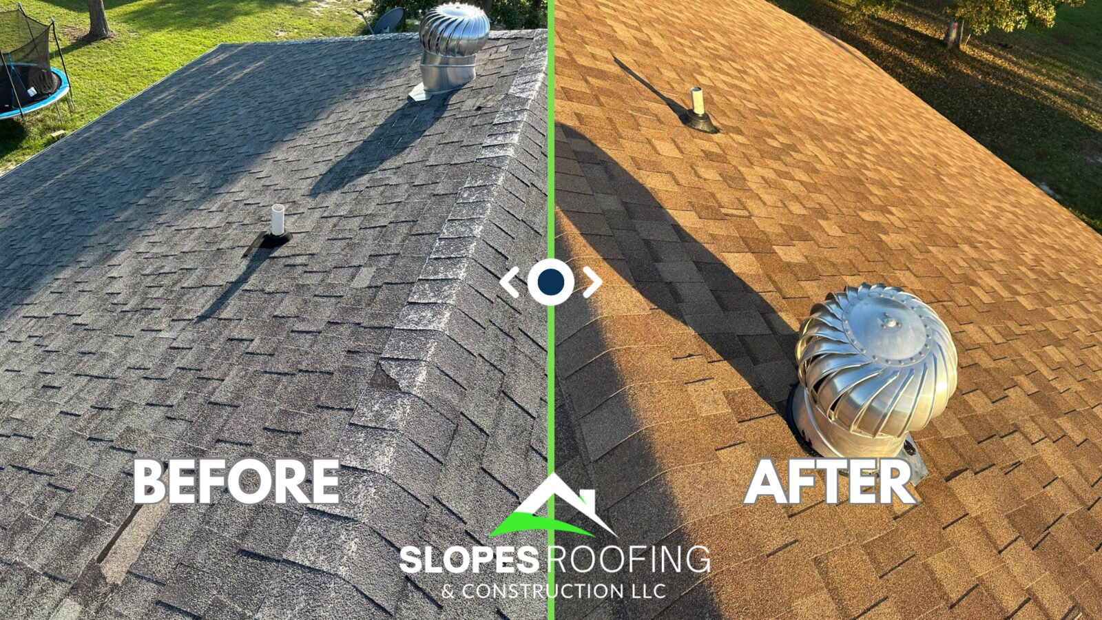 Before and after comparison of an old roof and a new Slopes Roofing installation